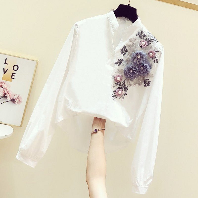Women's V - neck Long - sleeved Shirt Casual All - match White Shirt - PratSN