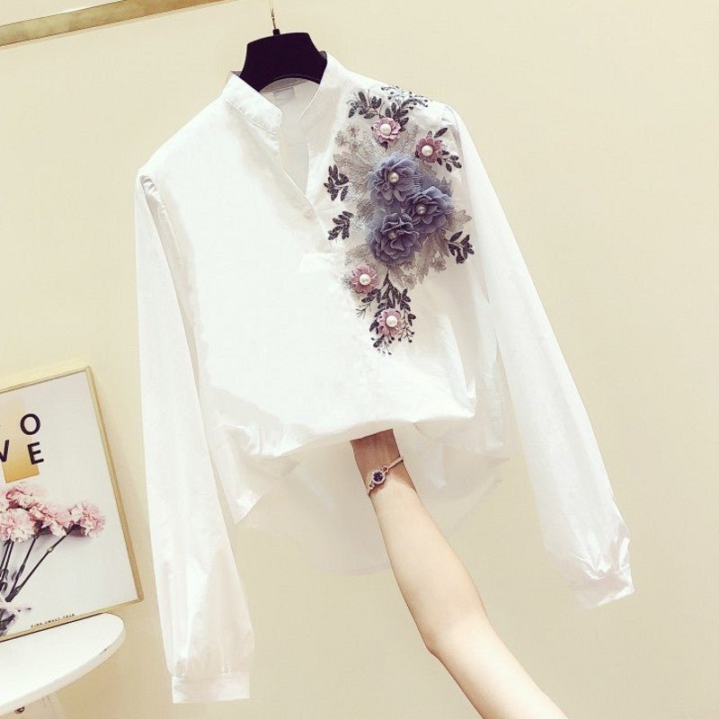 Women's V - neck Long - sleeved Shirt Casual All - match White Shirt - PratSN