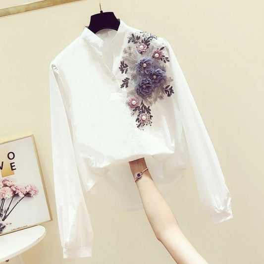 Women's V - neck Long - sleeved Shirt Casual All - match White Shirt - PratSN