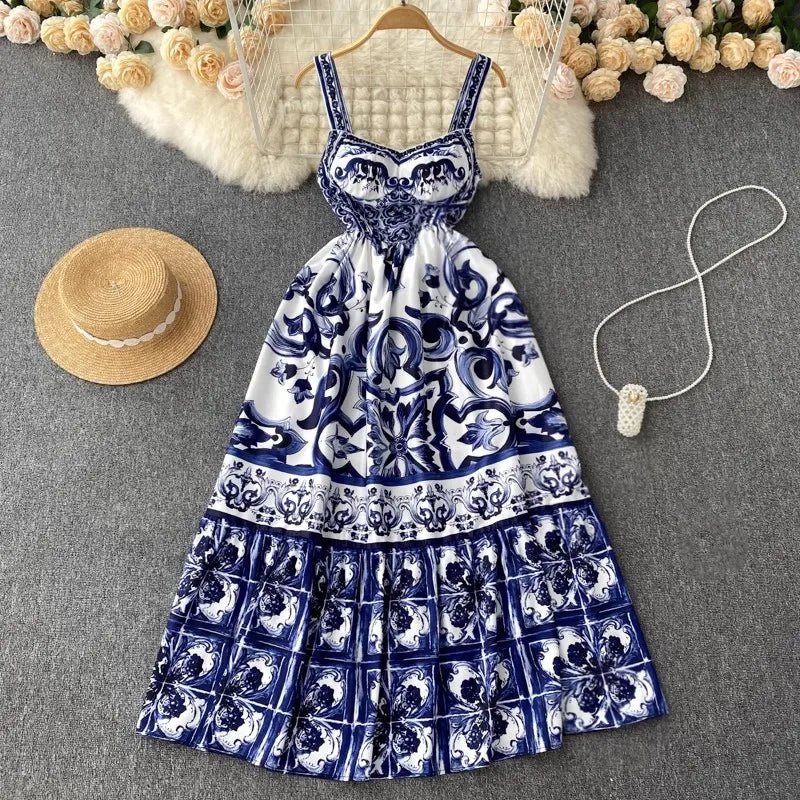 Women's V - Neck Red Blue and White Print Spaghetti Strap Holiday Maxi Dress Summer Runway Floral Print Vacation Long Robes - PratSN