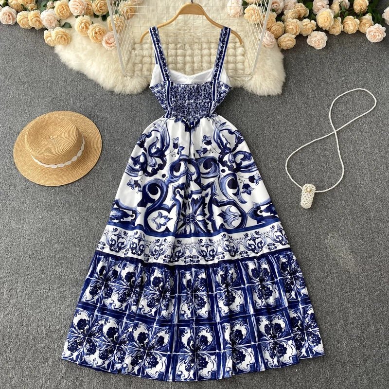 Women's V - Neck Red Blue and White Print Spaghetti Strap Holiday Maxi Dress Summer Runway Floral Print Vacation Long Robes - PratSN