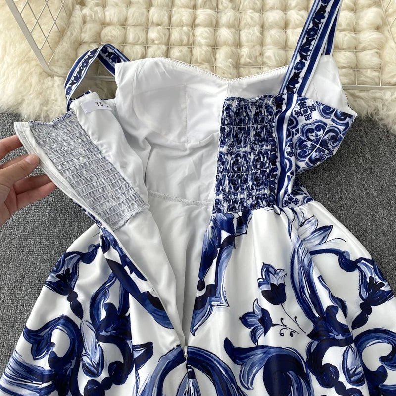 Women's V - Neck Red Blue and White Print Spaghetti Strap Holiday Maxi Dress Summer Runway Floral Print Vacation Long Robes - PratSN