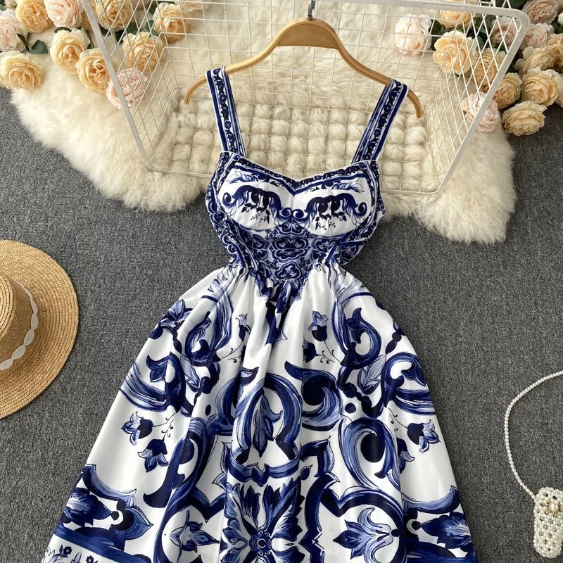 Women's V - Neck Red Blue and White Print Spaghetti Strap Holiday Maxi Dress Summer Runway Floral Print Vacation Long Robes - PratSN
