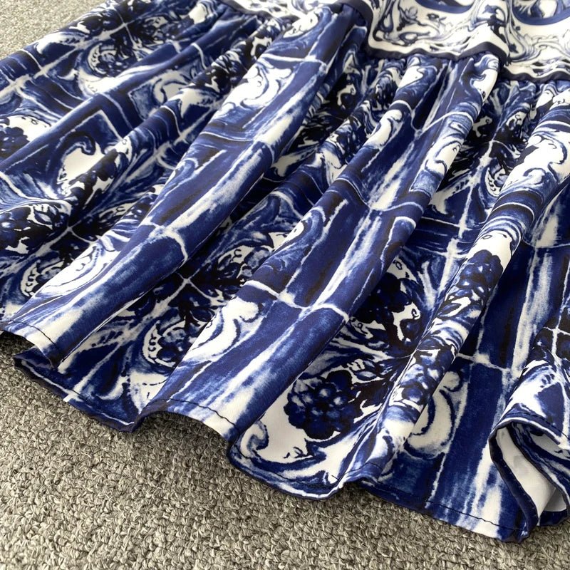 Women's V - Neck Red Blue and White Print Spaghetti Strap Holiday Maxi Dress Summer Runway Floral Print Vacation Long Robes - PratSN