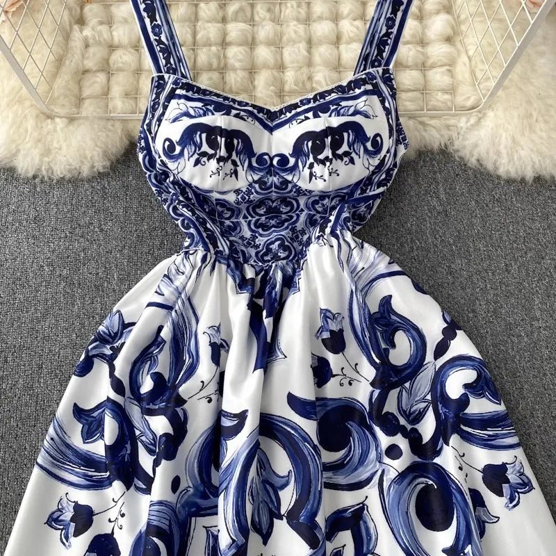 Women's V - Neck Red Blue and White Print Spaghetti Strap Holiday Maxi Dress Summer Runway Floral Print Vacation Long Robes - PratSN
