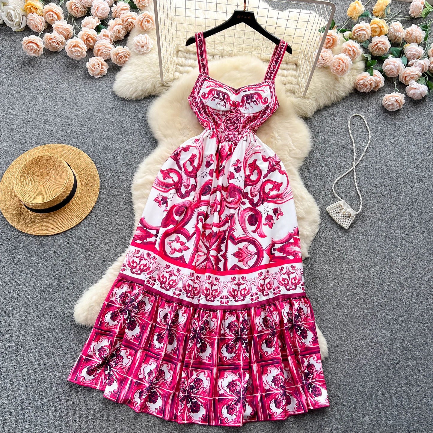 Women's V - Neck Red Blue and White Print Spaghetti Strap Holiday Maxi Dress Summer Runway Floral Print Vacation Long Robes - PratSN