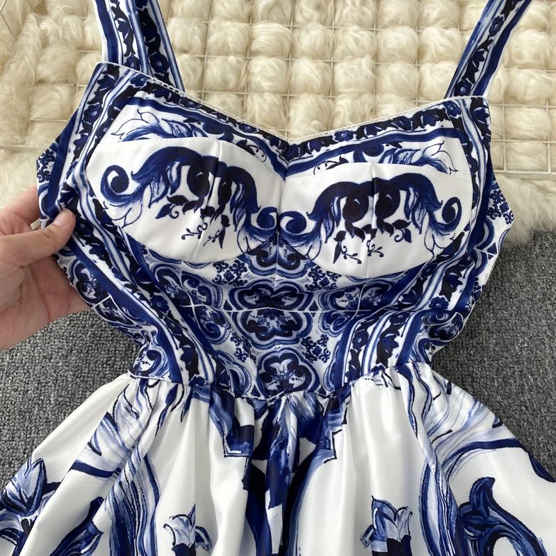 Women's V - Neck Red Blue and White Print Spaghetti Strap Holiday Maxi Dress Summer Runway Floral Print Vacation Long Robes - PratSN