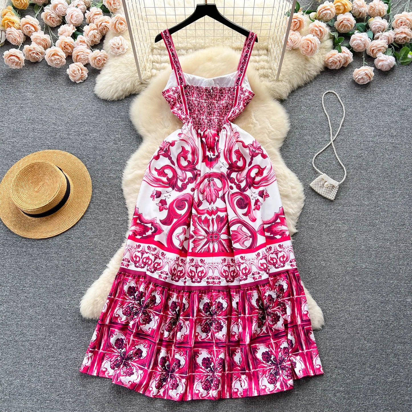 Women's V - Neck Red Blue and White Print Spaghetti Strap Holiday Maxi Dress Summer Runway Floral Print Vacation Long Robes - PratSN
