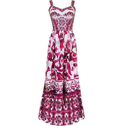 Women's V - Neck Red Blue and White Print Spaghetti Strap Holiday Maxi Dress Summer Runway Floral Print Vacation Long Robes - PratSN