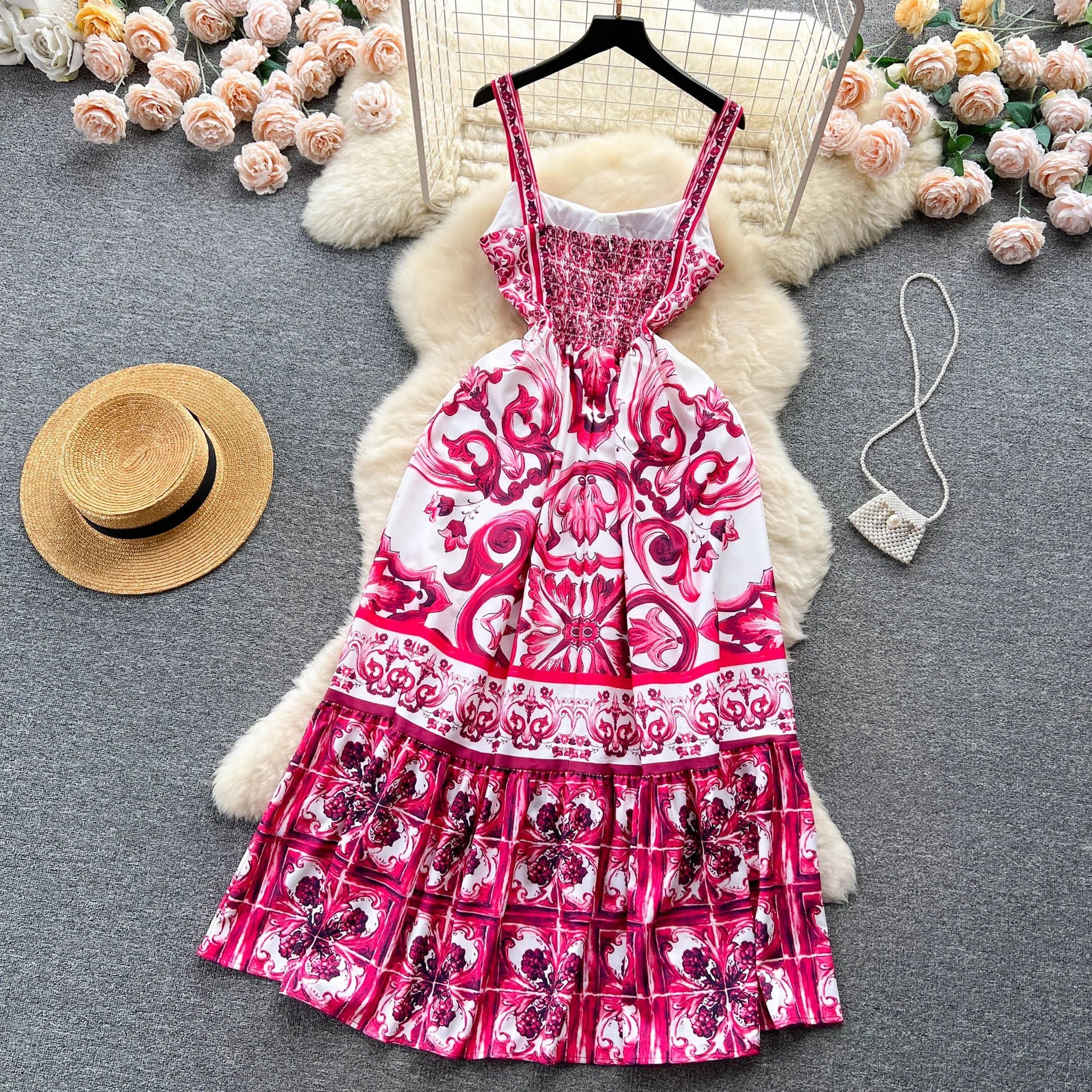 Women's V - Neck Red Blue and White Print Spaghetti Strap Holiday Maxi Dress Summer Runway Floral Print Vacation Long Robes - PratSN