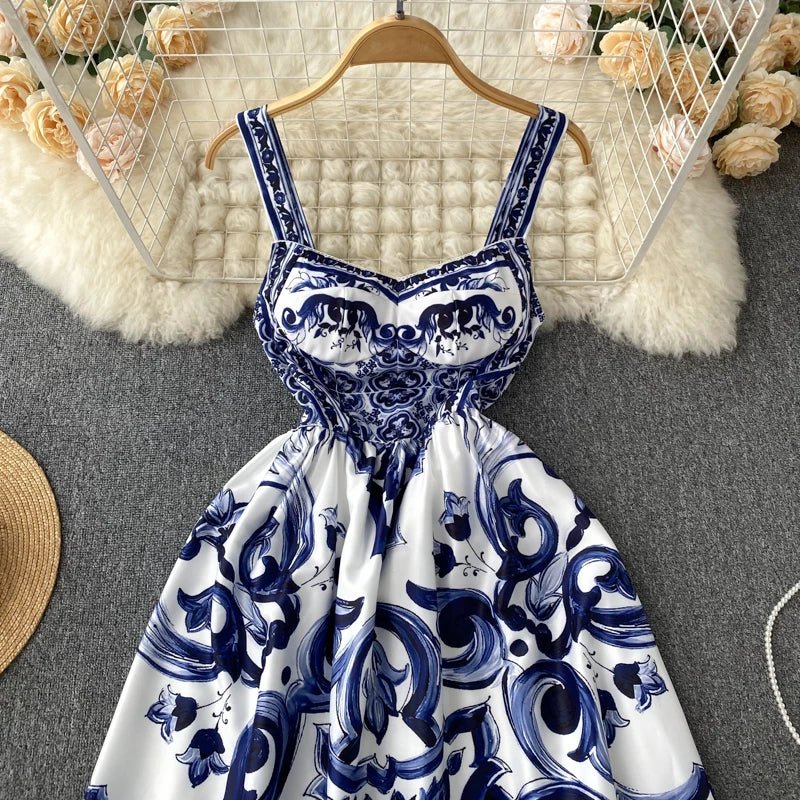 Women's V - Neck Red Blue and White Print Spaghetti Strap Holiday Maxi Dress Summer Runway Floral Print Vacation Long Robes - PratSN
