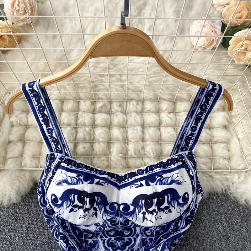 Women's V - Neck Red Blue and White Print Spaghetti Strap Holiday Maxi Dress Summer Runway Floral Print Vacation Long Robes - PratSN