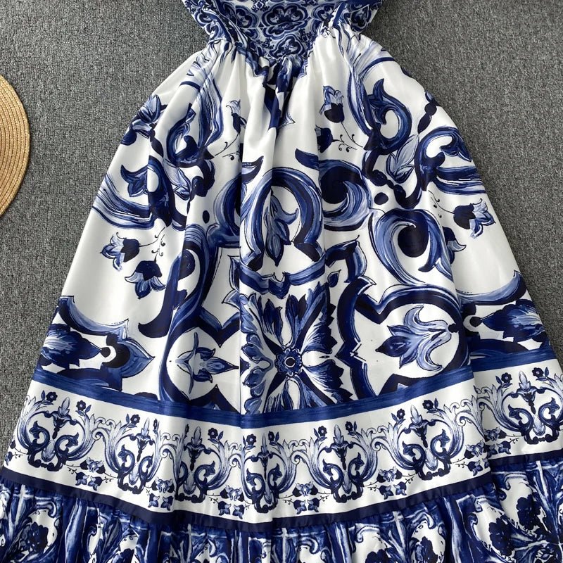 Women's V - Neck Red Blue and White Print Spaghetti Strap Holiday Maxi Dress Summer Runway Floral Print Vacation Long Robes - PratSN