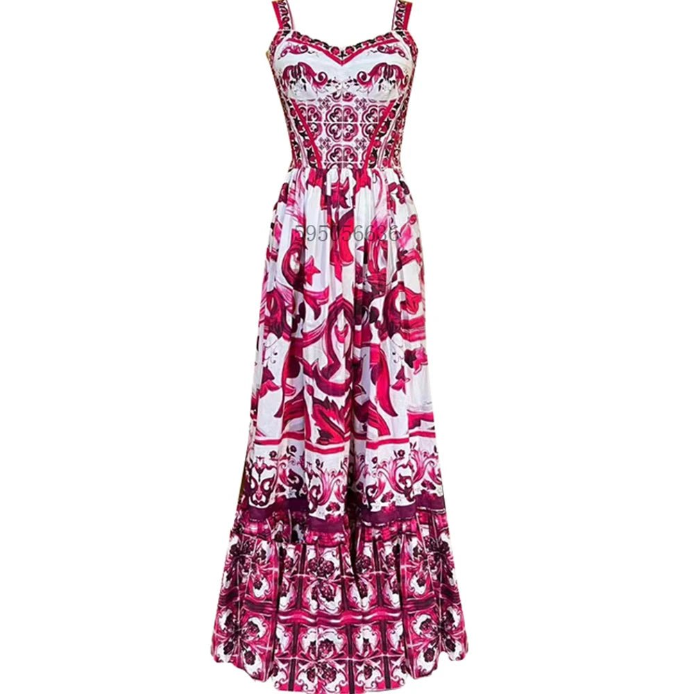 Women's V - Neck Red Blue and White Print Spaghetti Strap Holiday Maxi Dress Summer Runway Floral Print Vacation Long Robes - PratSN