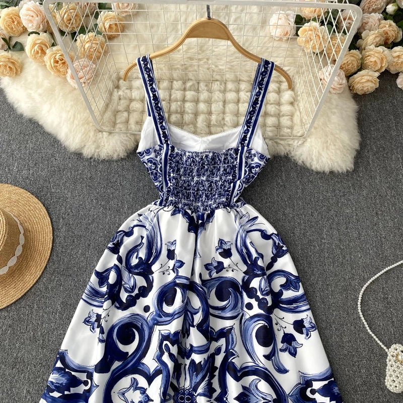 Women's V - Neck Red Blue and White Print Spaghetti Strap Holiday Maxi Dress Summer Runway Floral Print Vacation Long Robes - PratSN