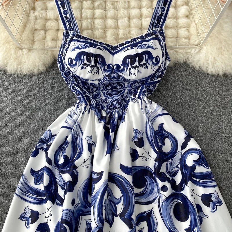 Women's V - Neck Red Blue and White Print Spaghetti Strap Holiday Maxi Dress Summer Runway Floral Print Vacation Long Robes - PratSN