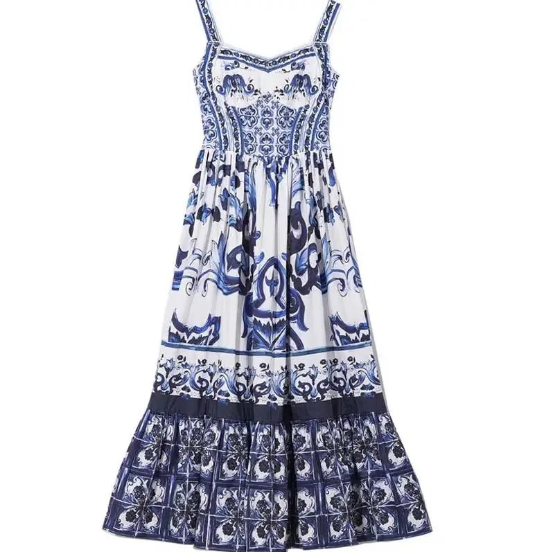 Women's V - Neck Red Blue and White Print Spaghetti Strap Holiday Maxi Dress Summer Runway Floral Print Vacation Long Robes - PratSN