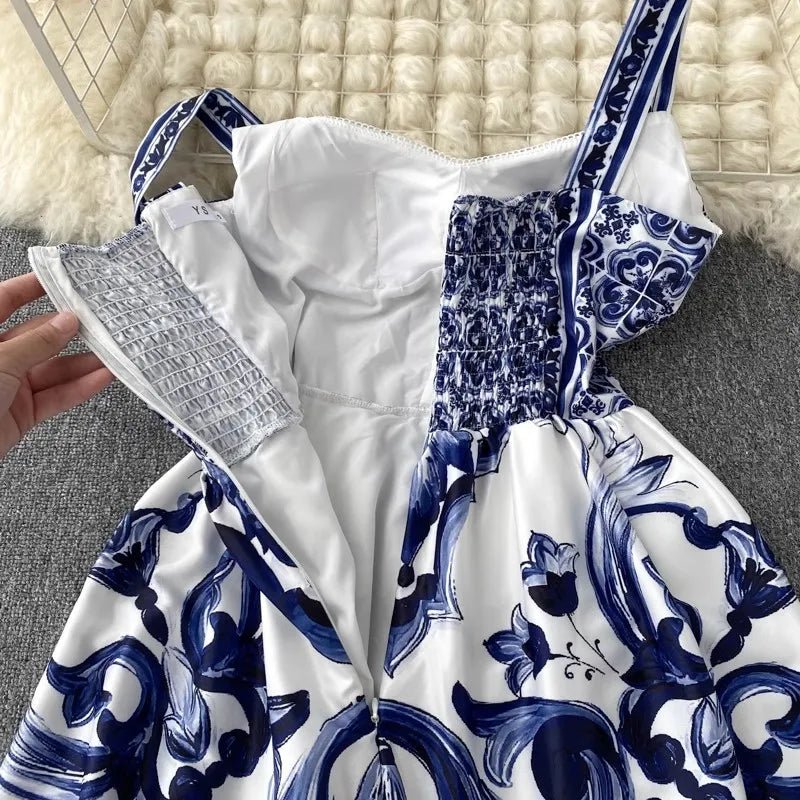 Women's V - Neck Red Blue and White Print Spaghetti Strap Holiday Maxi Dress Summer Runway Floral Print Vacation Long Robes - PratSN