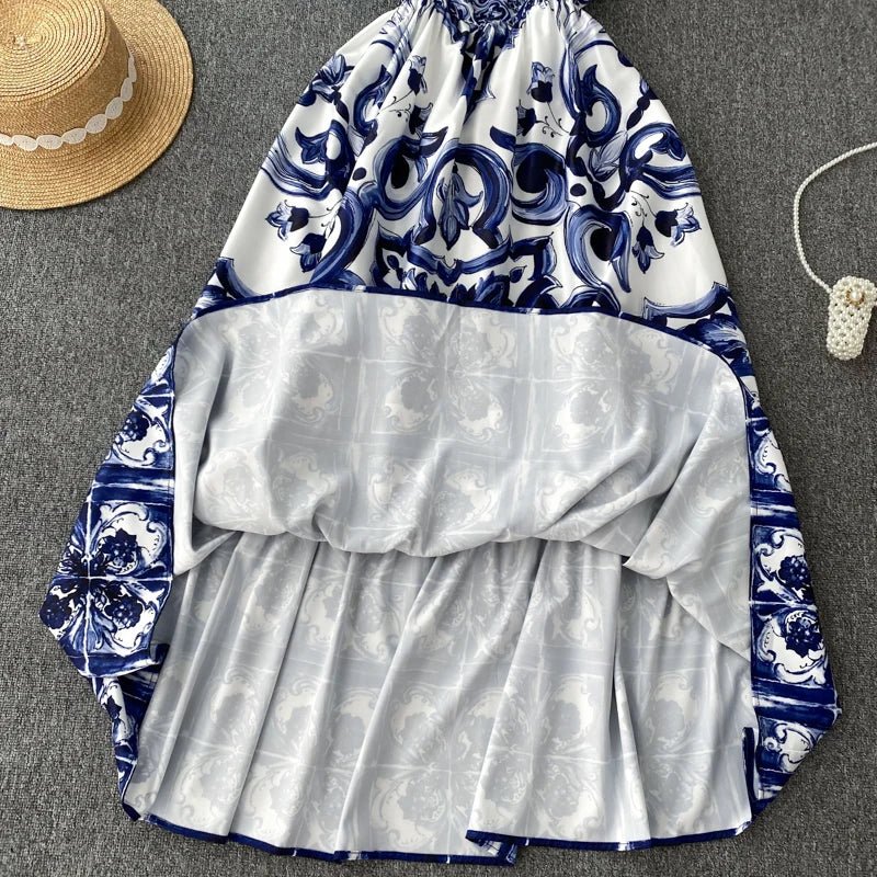 Women's V - Neck Red Blue and White Print Spaghetti Strap Holiday Maxi Dress Summer Runway Floral Print Vacation Long Robes - PratSN
