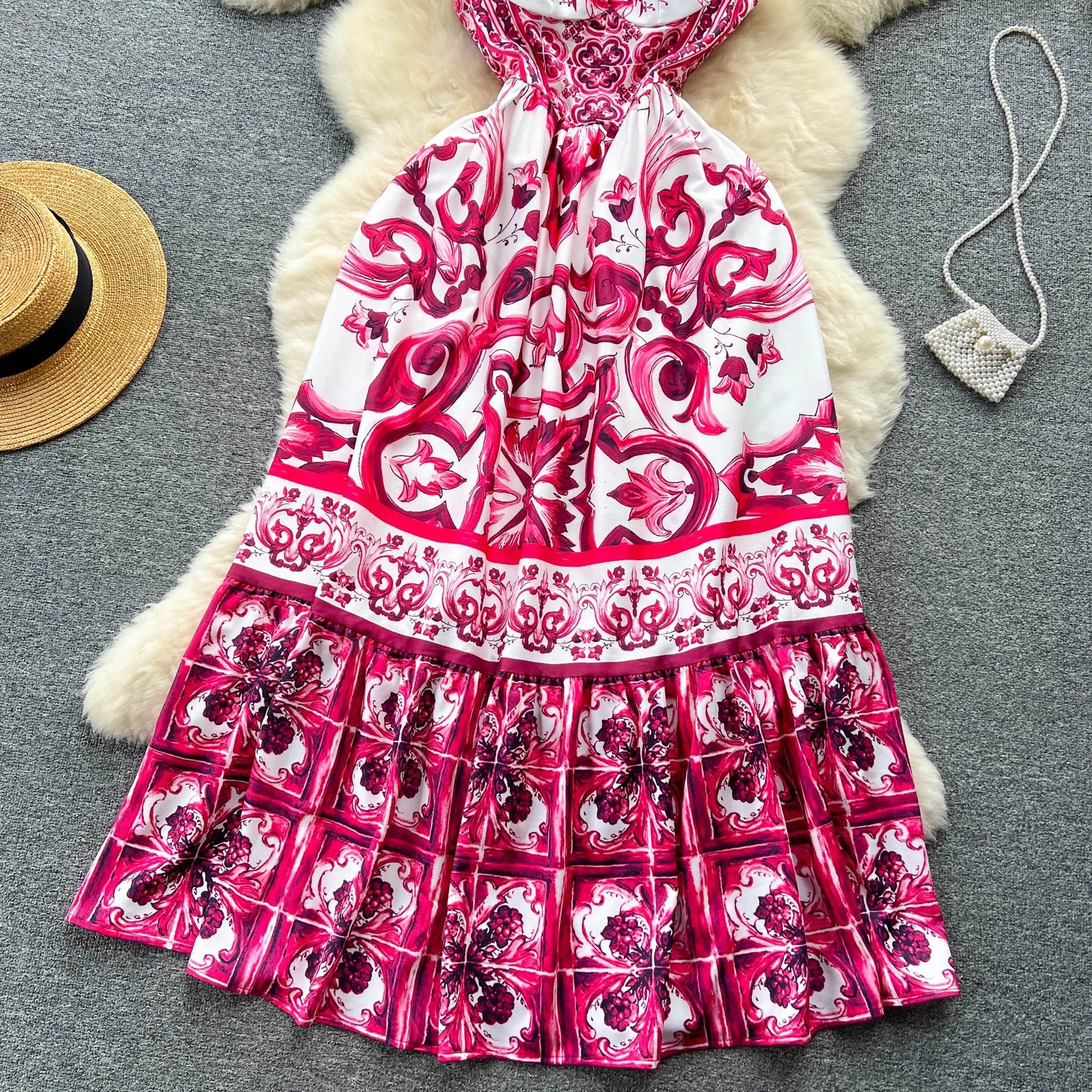 Women's V - Neck Red Blue and White Print Spaghetti Strap Holiday Maxi Dress Summer Runway Floral Print Vacation Long Robes - PratSN