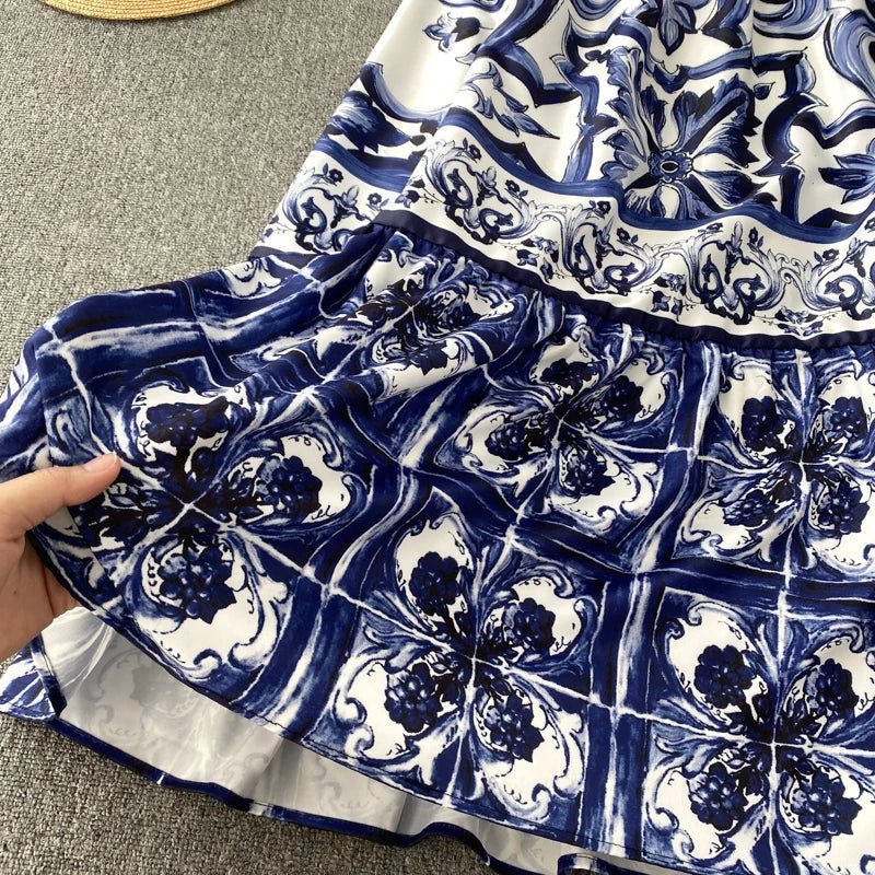 Women's V - Neck Red Blue and White Print Spaghetti Strap Holiday Maxi Dress Summer Runway Floral Print Vacation Long Robes - PratSN
