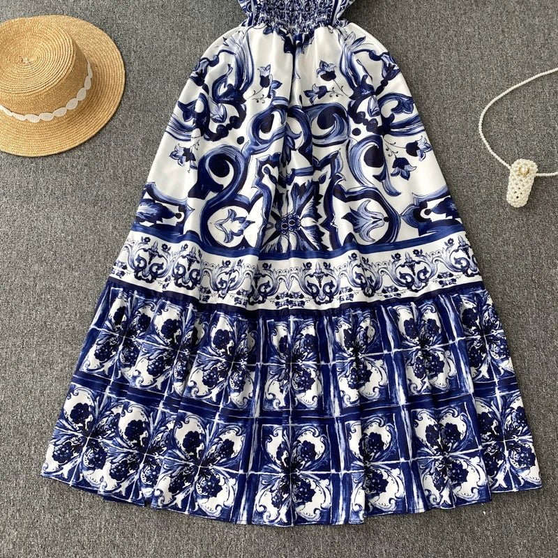 Women's V - Neck Red Blue and White Print Spaghetti Strap Holiday Maxi Dress Summer Runway Floral Print Vacation Long Robes - PratSN