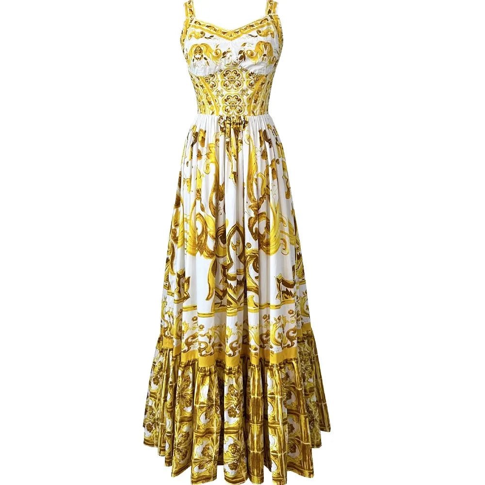 Women's V - Neck Red Blue and White Print Spaghetti Strap Holiday Maxi Dress Summer Runway Floral Print Vacation Long Robes - PratSN