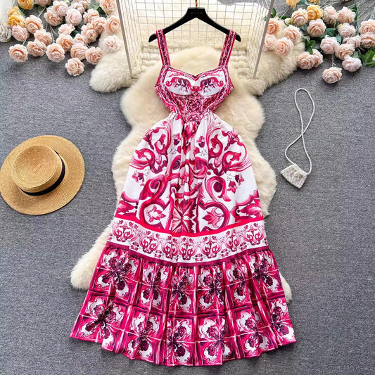 Women's V - Neck Red Blue and White Print Spaghetti Strap Holiday Maxi Dress Summer Runway Floral Print Vacation Long Robes - PratSN