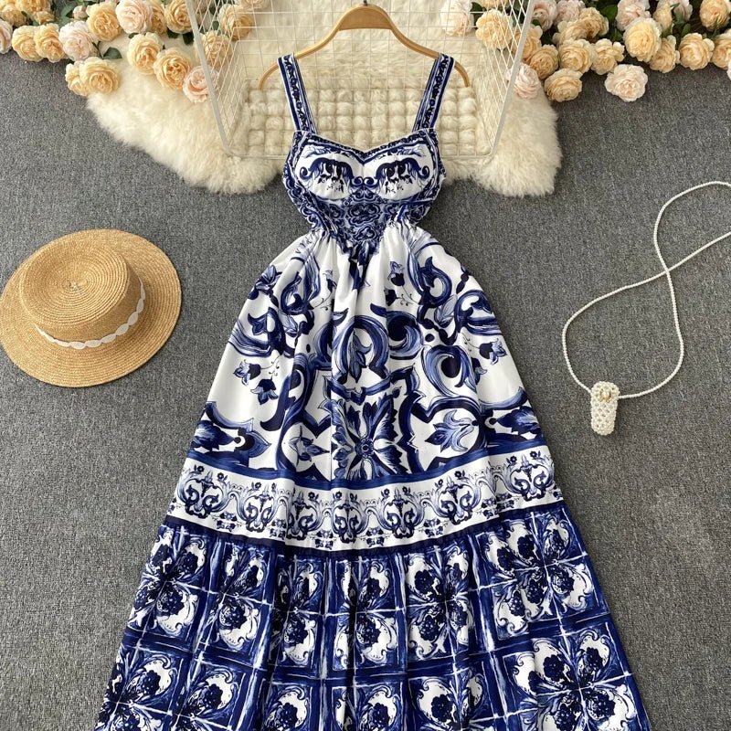 Women's V - Neck Red Blue and White Print Spaghetti Strap Holiday Maxi Dress Summer Runway Floral Print Vacation Long Robes - PratSN