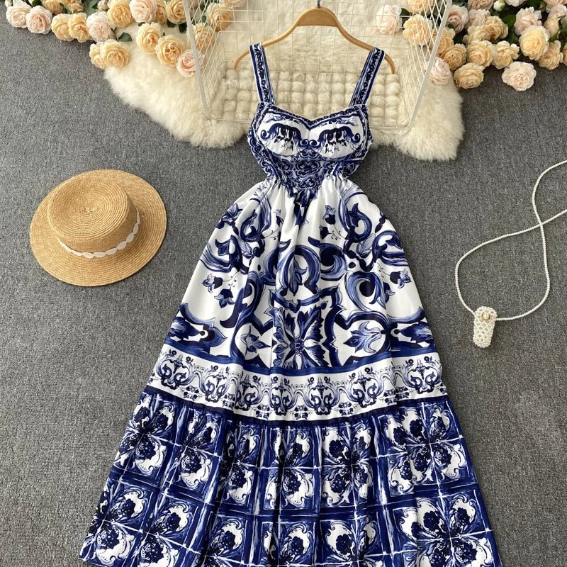 Women's V - Neck Red Blue and White Print Spaghetti Strap Holiday Maxi Dress Summer Runway Floral Print Vacation Long Robes - PratSN