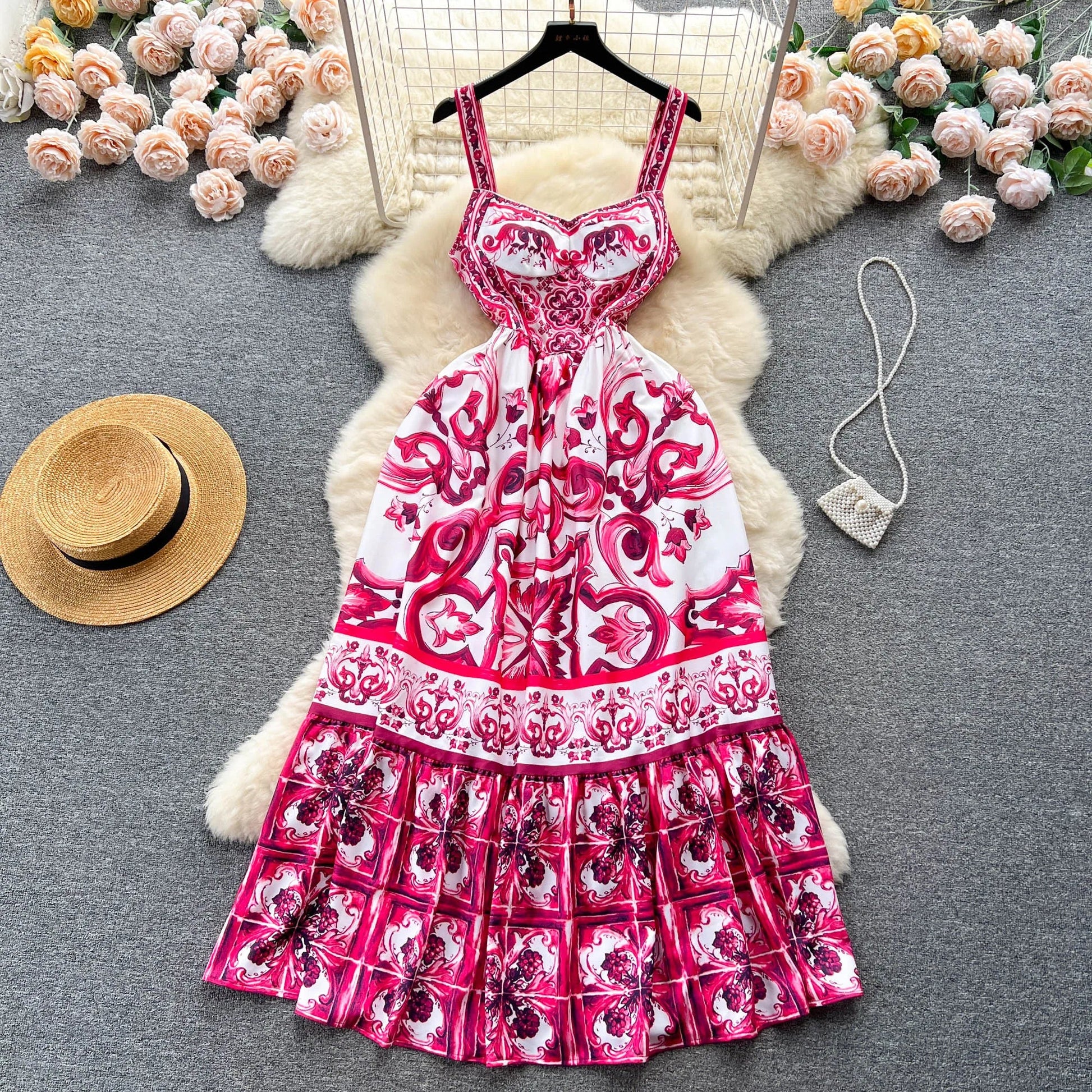 Women's V - Neck Red Blue and White Print Spaghetti Strap Holiday Maxi Dress Summer Runway Floral Print Vacation Long Robes - PratSN