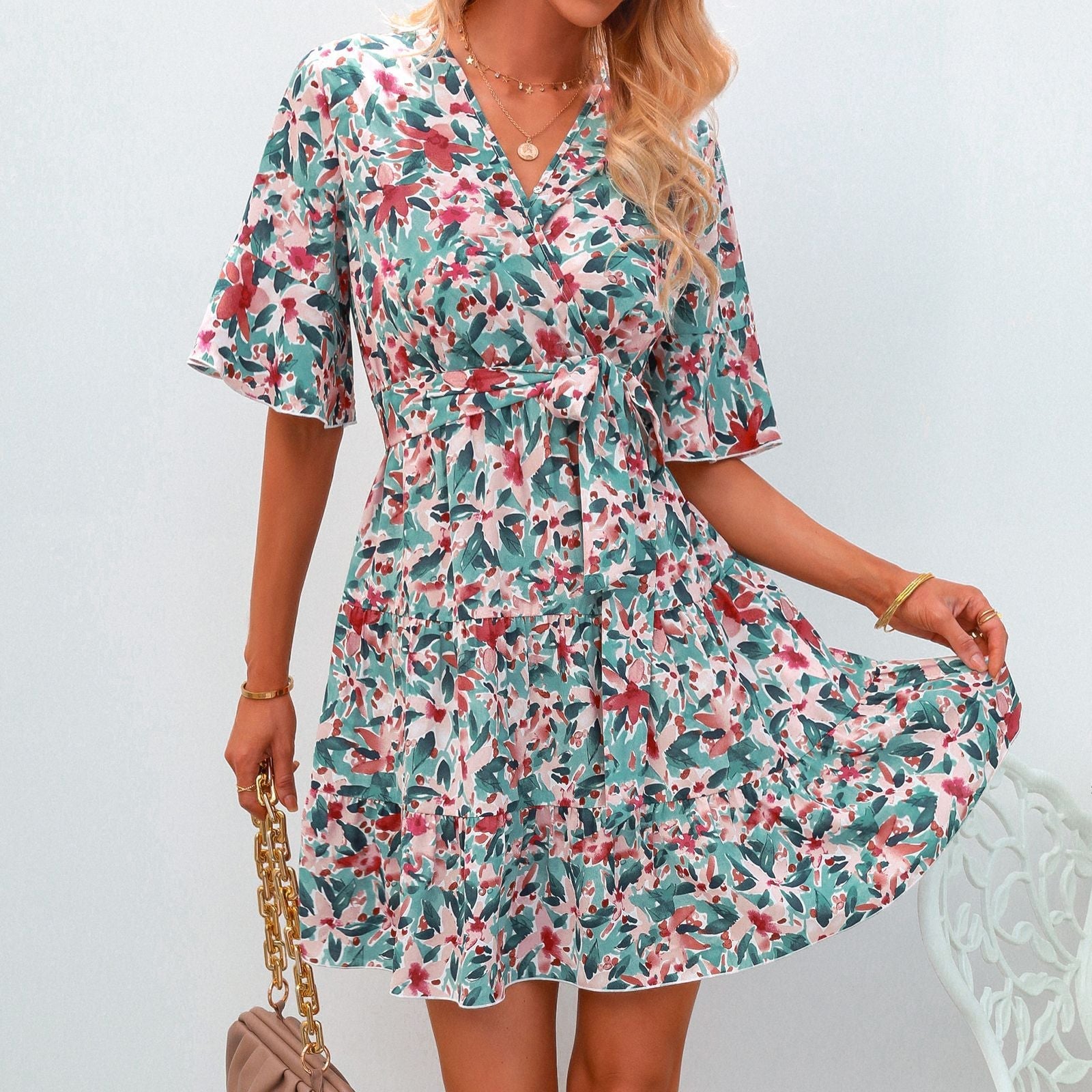 Women's V - Neck Short Sleeve Ruffle Floral Dress - PratSN