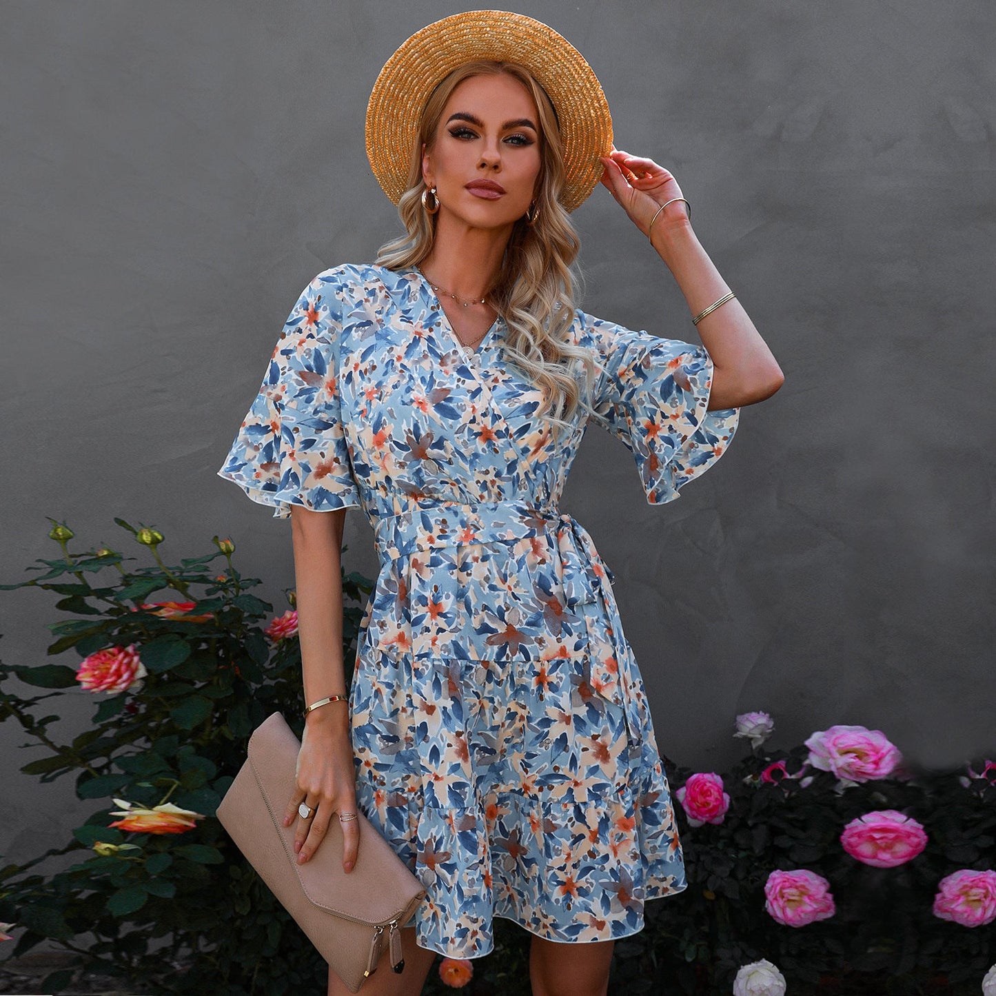 Women's V - Neck Short Sleeve Ruffle Floral Dress - PratSN