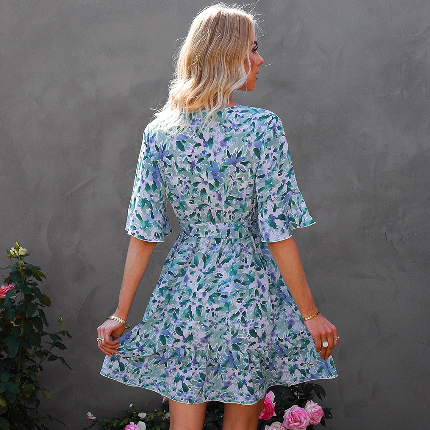 Women's V - Neck Short Sleeve Ruffle Floral Dress - PratSN