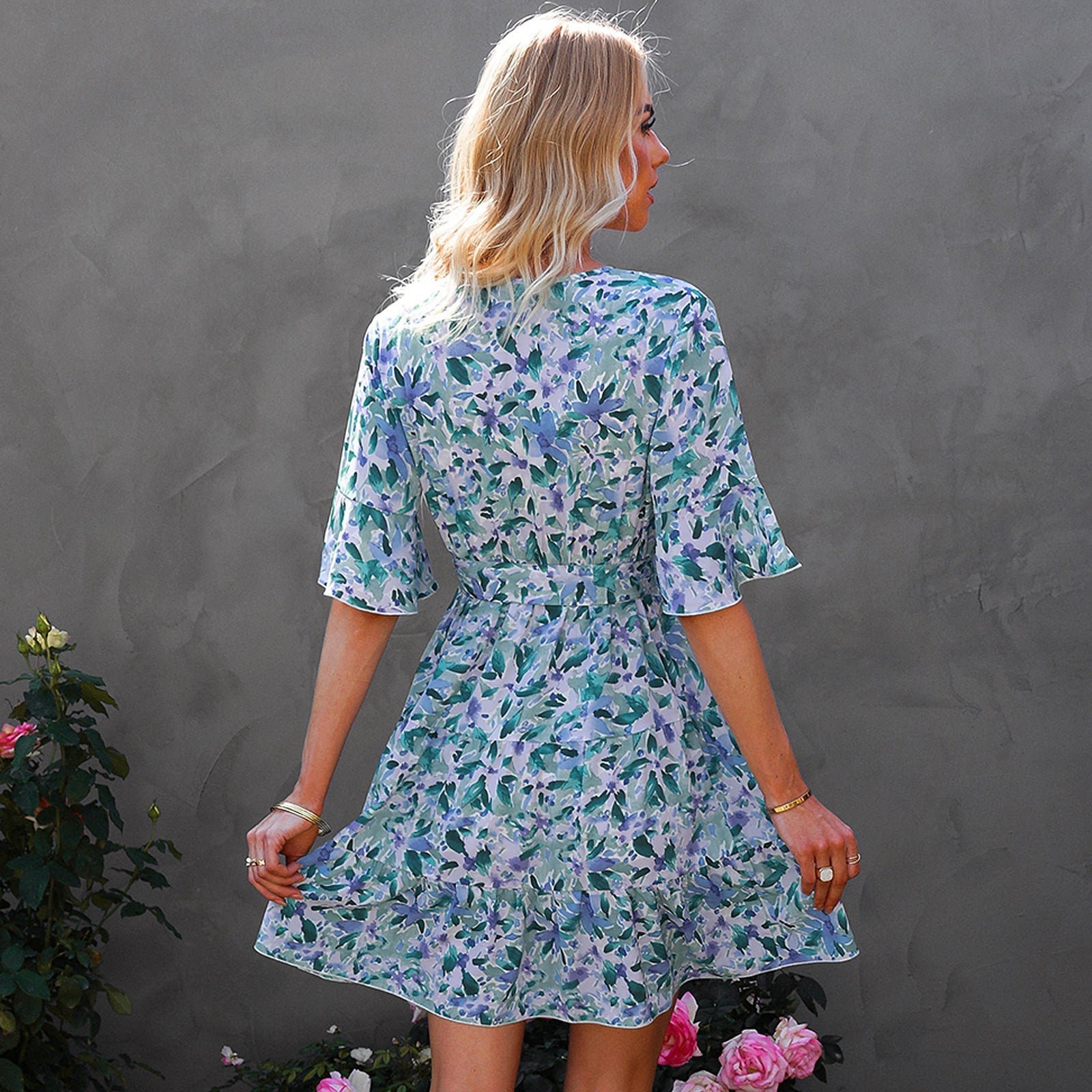 Women's V - Neck Short Sleeve Ruffle Floral Dress - PratSN
