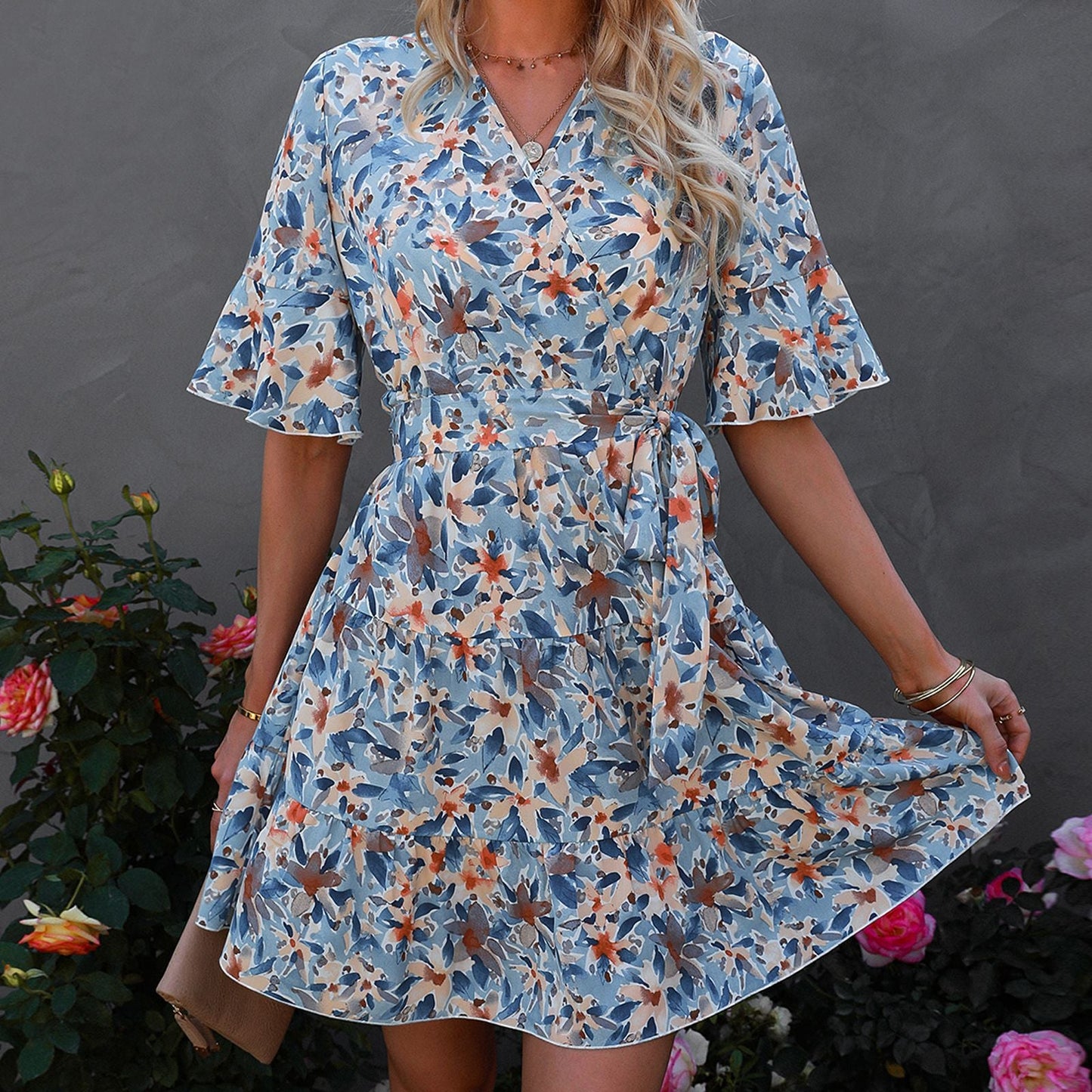 Women's V - Neck Short Sleeve Ruffle Floral Dress - PratSN