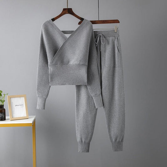 Women's V - neck Sweater Casual Sports Pants Two - piece Set - PratSN