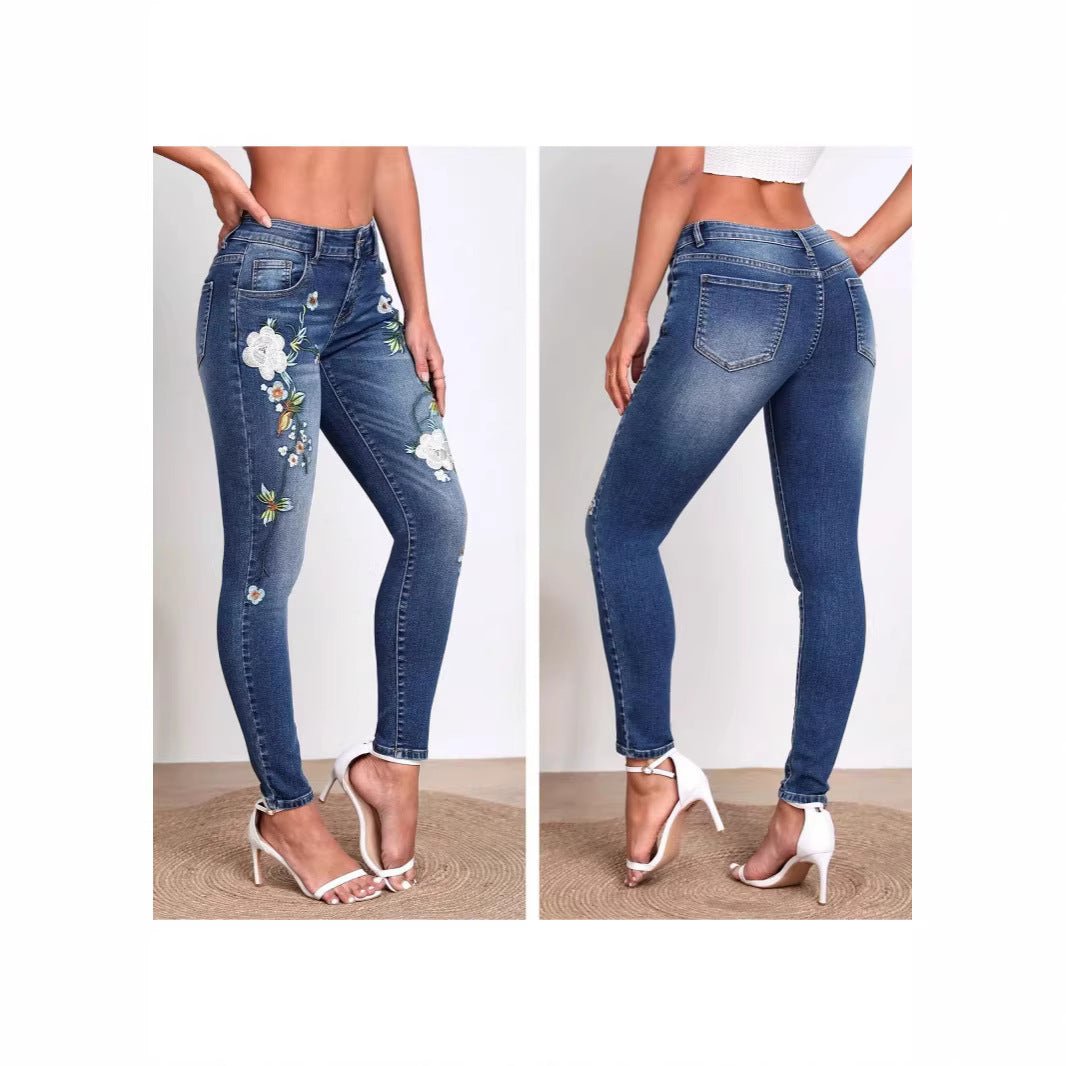 Womens Versatile Flower - Pattern Embroidered Skinny Jeans - PratSN