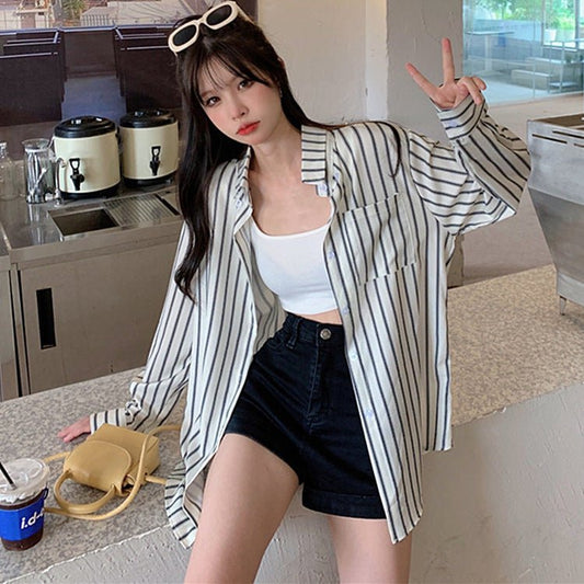 Women's Vertical Striped Long - sleeved Shirt - PratSN