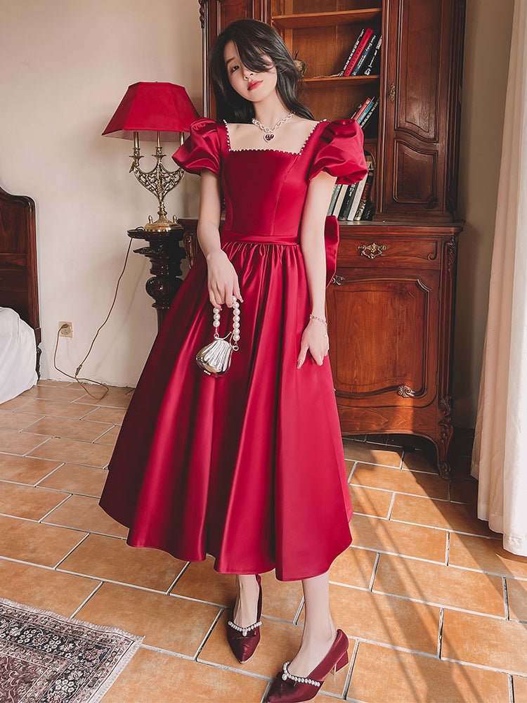 Women's Wine Red Engagement Party Dress - PratSN
