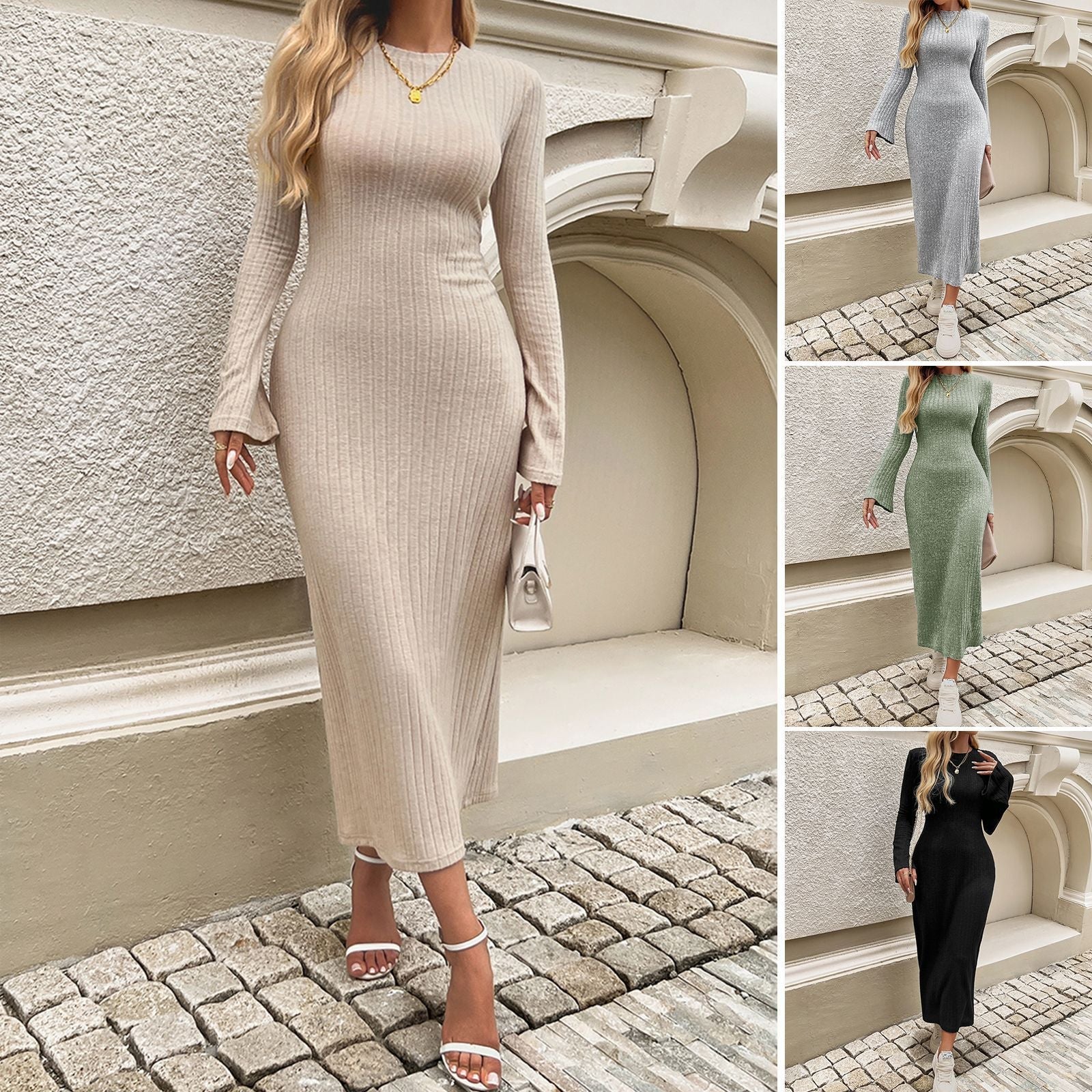 Women's Winter Bell Sleeve Solid Color Knitted Dress - PratSN