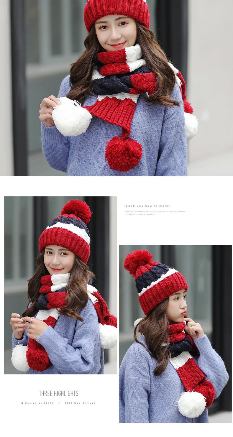 Women's Winter Knit Hat Scarf Two - piece Velvet Beanies Cap Lady Warm Wool Ball Caps Sweet Cute knitted Earmuffs Hats - PratSN