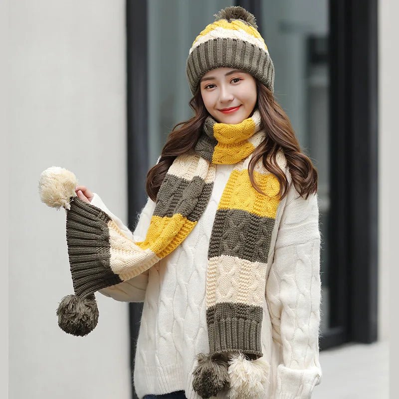 Women's Winter Knit Hat Scarf Two - piece Velvet Beanies Cap Lady Warm Wool Ball Caps Sweet Cute knitted Earmuffs Hats - PratSN