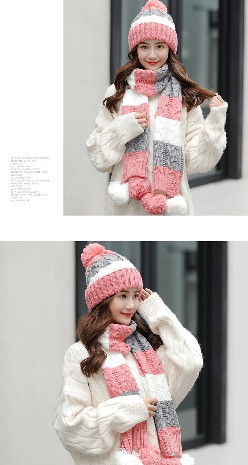 Women's Winter Knit Hat Scarf Two - piece Velvet Beanies Cap Lady Warm Wool Ball Caps Sweet Cute knitted Earmuffs Hats - PratSN