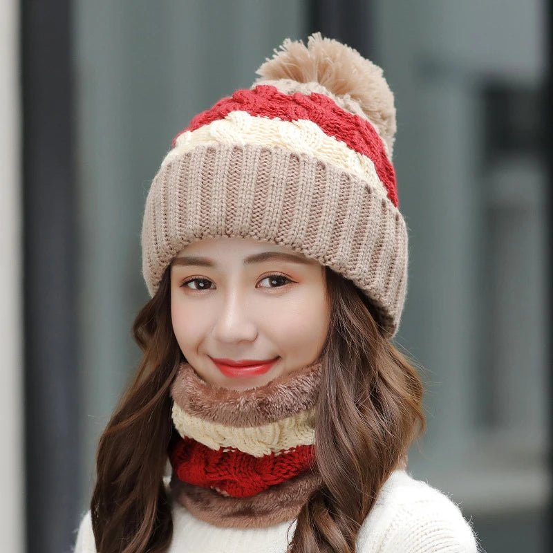 Women's Winter Knit Hat Scarf Two - piece Velvet Beanies Cap Lady Warm Wool Ball Caps Sweet Cute knitted Earmuffs Hats - PratSN