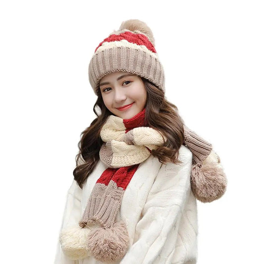 Women's Winter Knit Hat Scarf Two - piece Velvet Beanies Cap Lady Warm Wool Ball Caps Sweet Cute knitted Earmuffs Hats - PratSN