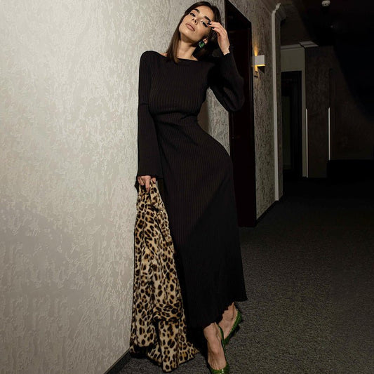 Women's Winter Slim - fit Flared Sleeves Backless Lace Up Knitted Dress - PratSN