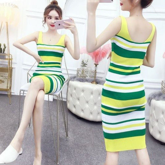 Women's Winter Striped Knitted Dress Slim Mid - length - PratSN