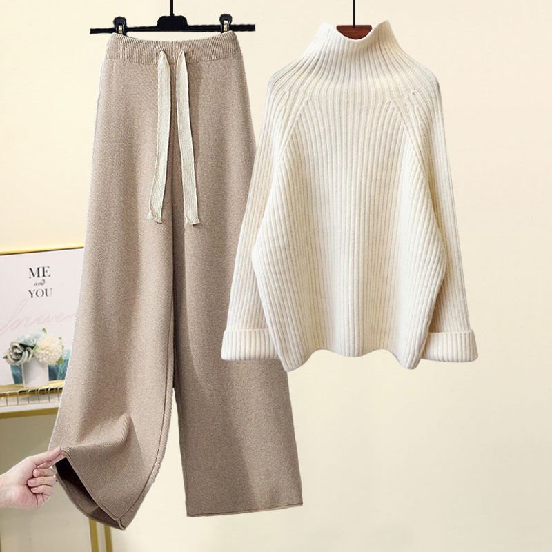 Women's Winter Thickened Coarse Yarn Knitwear Wide Leg Pants Two - piece Set - PratSN