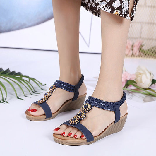 women's Wooden Bead Rhinestone Bohemian Wedge Comfortable Sandals - PratSN